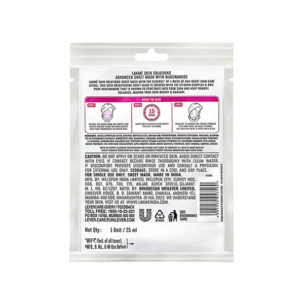 Lakme Skin Solutions Sheet Mask Brightening With Niacinamide 25 ml