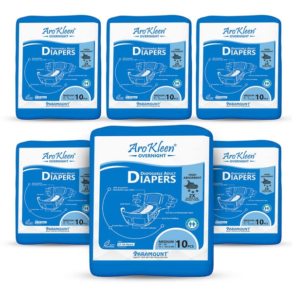 AroKleen Overnight Disposable Adult Diapers (M) (71.1 cm - 101.6 cm) (Pack of 6 x 10's) 1's