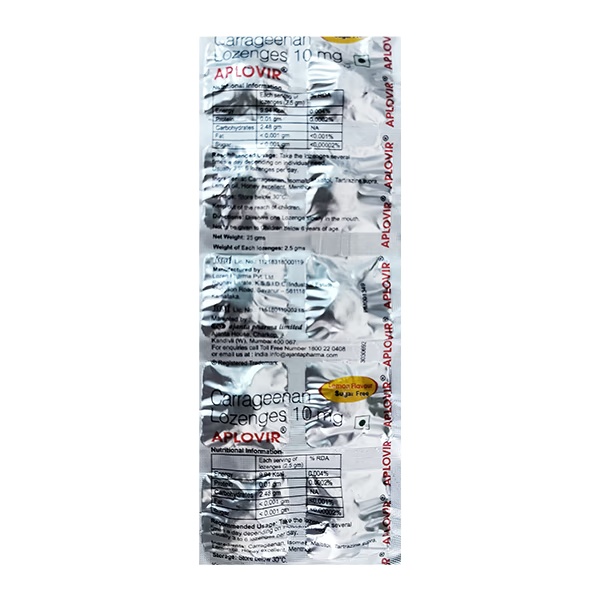 APLOVIR LEMON FLAVOUR SUGAR FREE Lozenges 10's