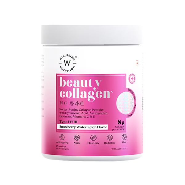 Wellbeing Nutrition Beauty Korean Marine Collagen Peptides with Type I and Iii Strawberry Watermelon 250 gm