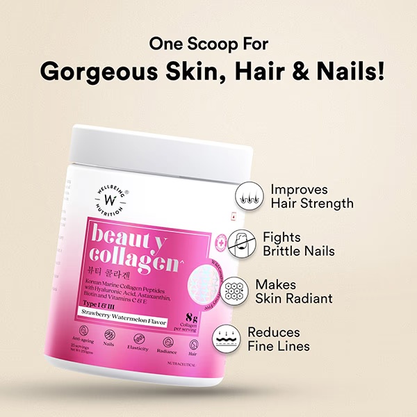 Wellbeing Nutrition Beauty Korean Marine Collagen Peptides with Type I and Iii Strawberry Watermelon 250 gm