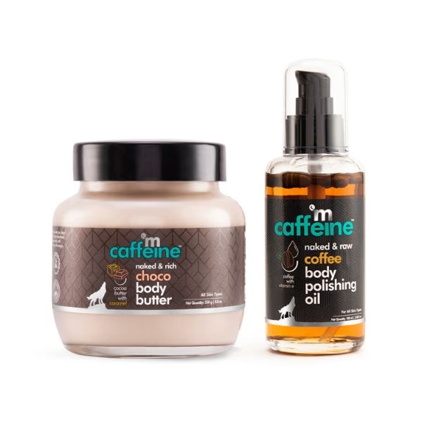 mCaffeine Pre & Post Shower Moisturization Routine Coffee Body Massage Oil & Choco Body Butter 350 gm