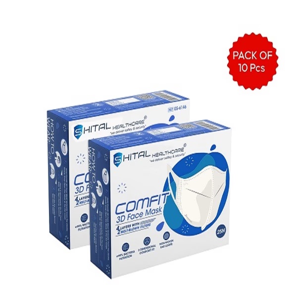 Shital Comfit 3D Face Mask - White (Pack of 10)