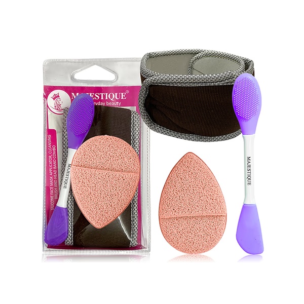 Majestique Facial Head Band, Dual Sided Silicone Brush with Makeup Remover Sponge - Multicolor 1's
