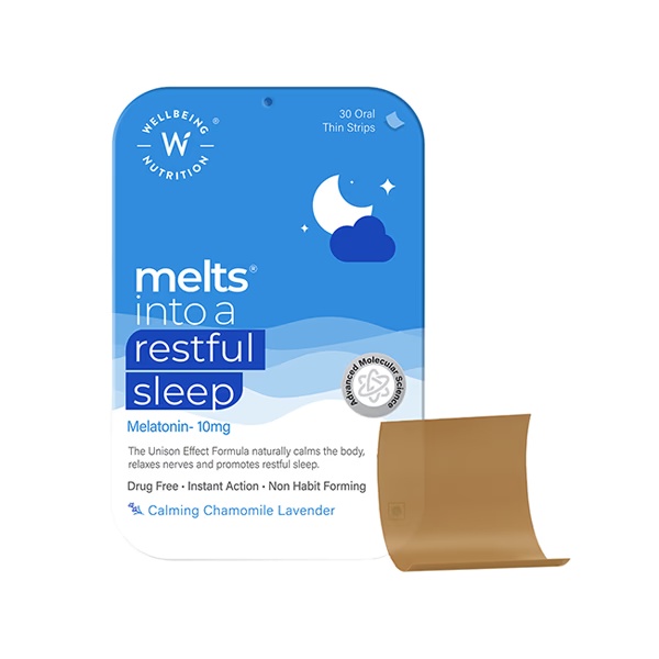 Wellbeing Nutrition Melts Restful Sleep- Drug-free, 10mg Plant-Based Melatonin for Insomnia Relief (30 Strips)