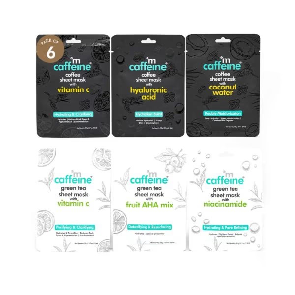 mCaffeine Hydrating & Clarifying Face Sheet Masks with Green Tea & Coffee - Value 120g 6's
