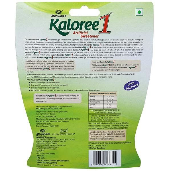 Mankind Kaloree 1 Sweetner Tablet - Elaichi (300's + 100's Free)