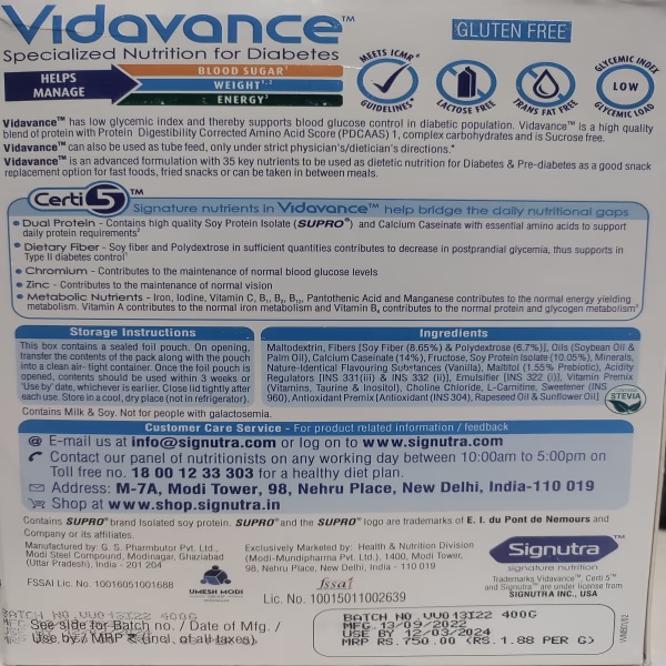 Vidavance Zero Sucrose Specialized Nutrition Supplement Powder for Diabetes Refill - Vanilla Flavour 400 g