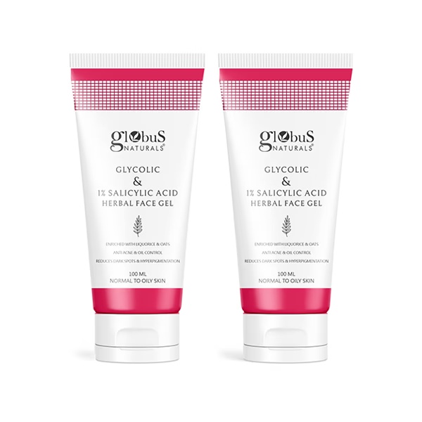 Globus Naturals Glycolic & 1% Salicylic Acid Herbal Anti Acne Face Gel, 100ml each 2's