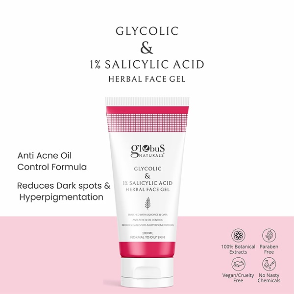 Globus Naturals Glycolic & 1% Salicylic Acid Herbal Anti Acne Face Gel, 100ml each 2's