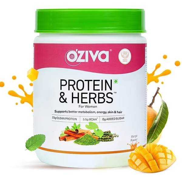 OZiva Protein & Herbs for Women - Manage Weight & Metabolism, Reduce Body Fat, No Sugar Whey Protein (Mango) 500 gm