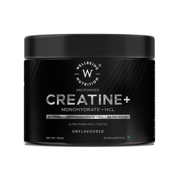 Wellbeing Nutrition 100% Pure Micronised Creatine Powder Monohydrate + HCL- Unflavoured 33 Servings 100 gm