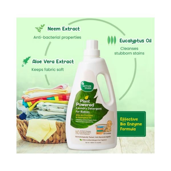 Mother Sparsh Baby Laundry Liquid Detergent- Enzymes And Eucalyptus Oil, Refill Pack (500Ml X 2) 2's