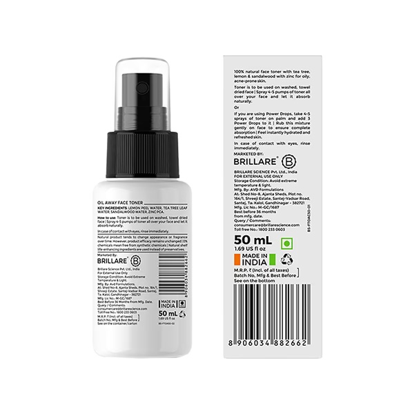 Brillare Professional Oil Away Natural Face Toner with Tea Tree, Lemon and Zinc 50 ml