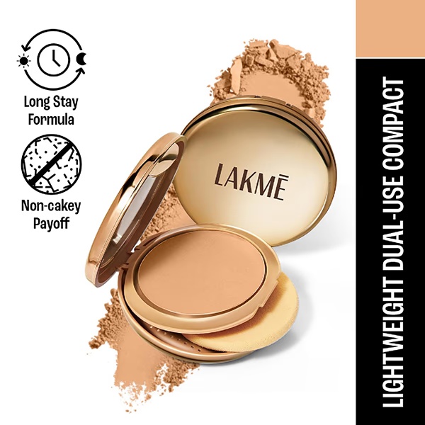 Lakme 9to5 Unreal Dual Cover Pressed Powder, 2 In 1 Compact + Foundation, 24 Beige, 9 gm