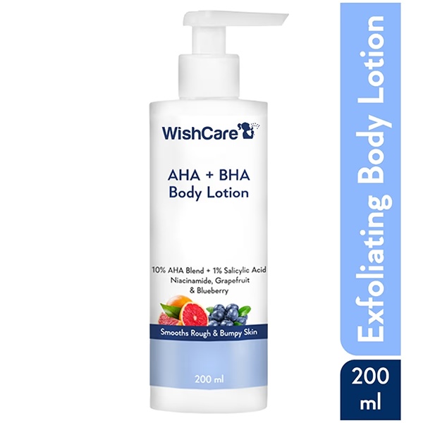 WishCare 10% AHA + 1% BHA Body Lotion - Smooths Rough & Bumpy Skin - With NiacinamiderapeFruit & Blueberry 200 ml
