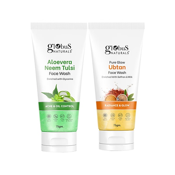 Globus Naturals Face Care Combo -Aloe Vera Neem Tulsi, Radiance & Glow Ubtan Face Wash, 75gm each 2's