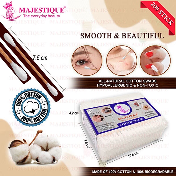 Majestique Natural Cotton Buds Cruelty-Free Cotton Swabs, Gentle On Face, Ear Cleaning, Makeup Cotton Swabs 80gm 1's