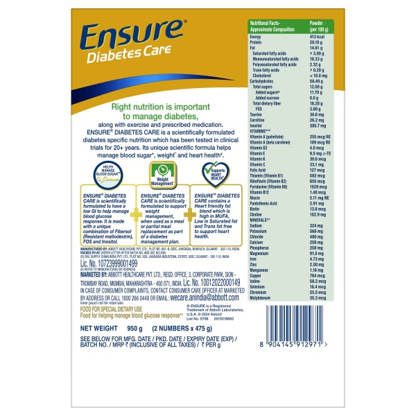 Ensure Diabetes Care Specialized Nutrition Drink Refill - Chocolate Flavour 950 g