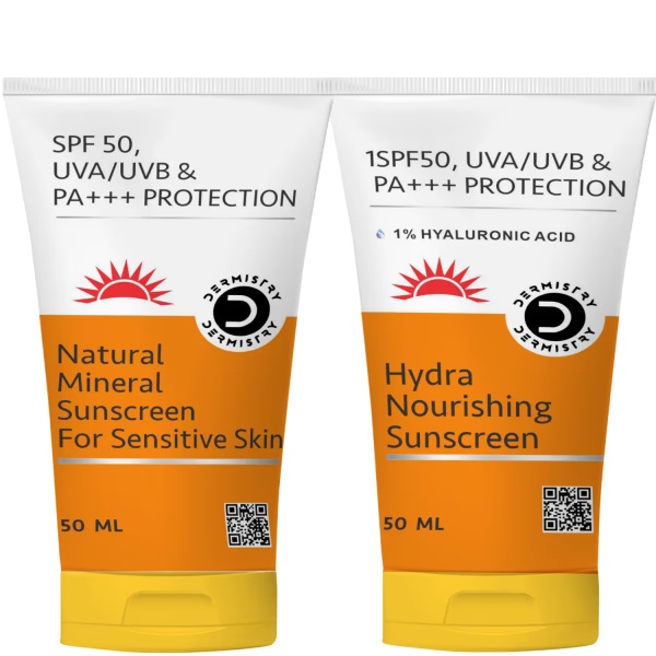 Dermistry Natural Mineral Sunscreen SPF 50 UVA UVB PA+++ Protection - Sensitive Skin 50 ml + 1% Hyaluronic Acid Hydra Nourishing Sunscreen SPF 50 UVA UVB PA+++ Protection 50 ml