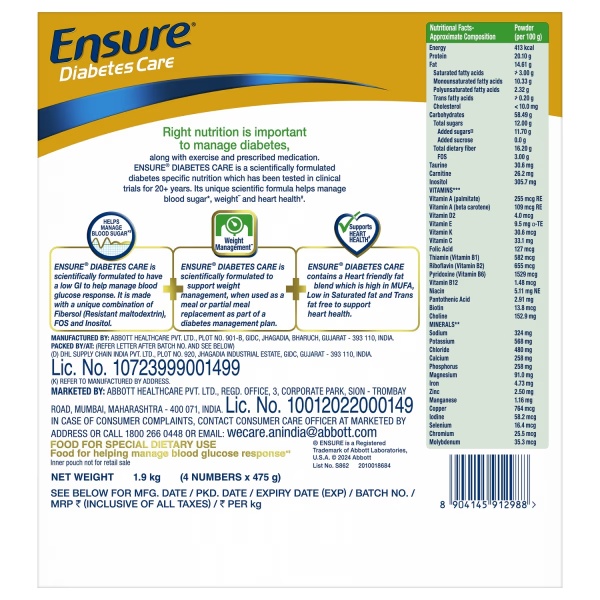 Ensure Diabetes Care Specialized Nutrition Drink Refill - Vanilla Delight Flavour 1.9 kg