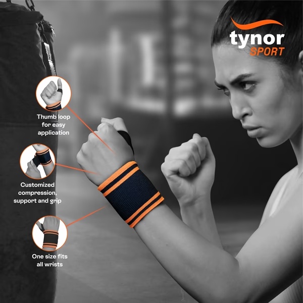Tynor Wrist Wrap with Thumb Loop (UN) - Black & Orange