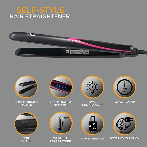 VEGA Self Style Hair Straightener With Temperature Control and Ceramic Coated Plates (VHSH-27) Black 1 gm