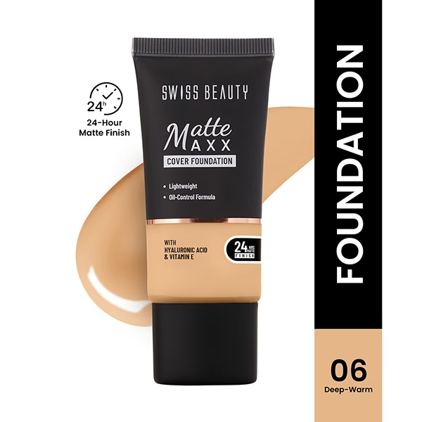 Swiss Beauty Matte Maxx Cover Foundation, 24- Hour Stay, with Hyaluronic Acid & Vitamin E, Oil-Control Formula 6 - Deep Warm 30 gm