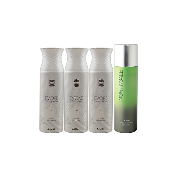 Ajmal 3 Evoke Silver Edition For Him And 1 Nightingale Deodorants Pack of 4 200 ml