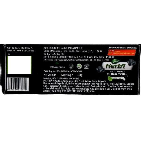 Dabur Herbal Activated Charcoal Whitening Toothpaste (Pack of 2 x 120 gm)