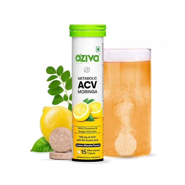 OZiva ACV Moringa for Weight Loss, 3-in-1 Fat Oxidation Formula, Lemon Masala 15's