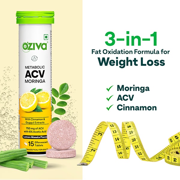 OZiva ACV Moringa for Weight Loss, 3-in-1 Fat Oxidation Formula, Lemon Masala 15's