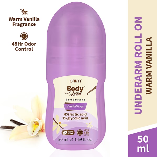 Plum Bodylovin Vanilla Vibes Deodorant Deodorant Roll-On, 48 Hour Odor Control, 100% Vegan 50 ml