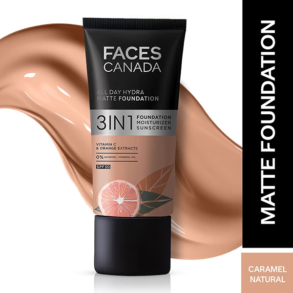 Faces Canada All Day Hydra Matte Foundation 3-In-1 Foundation + Moisturizer + SPF 30 24 Hr Aloe Hydration & Vitamin C 10Hr Long Wear Caramel Natural 023 25ml